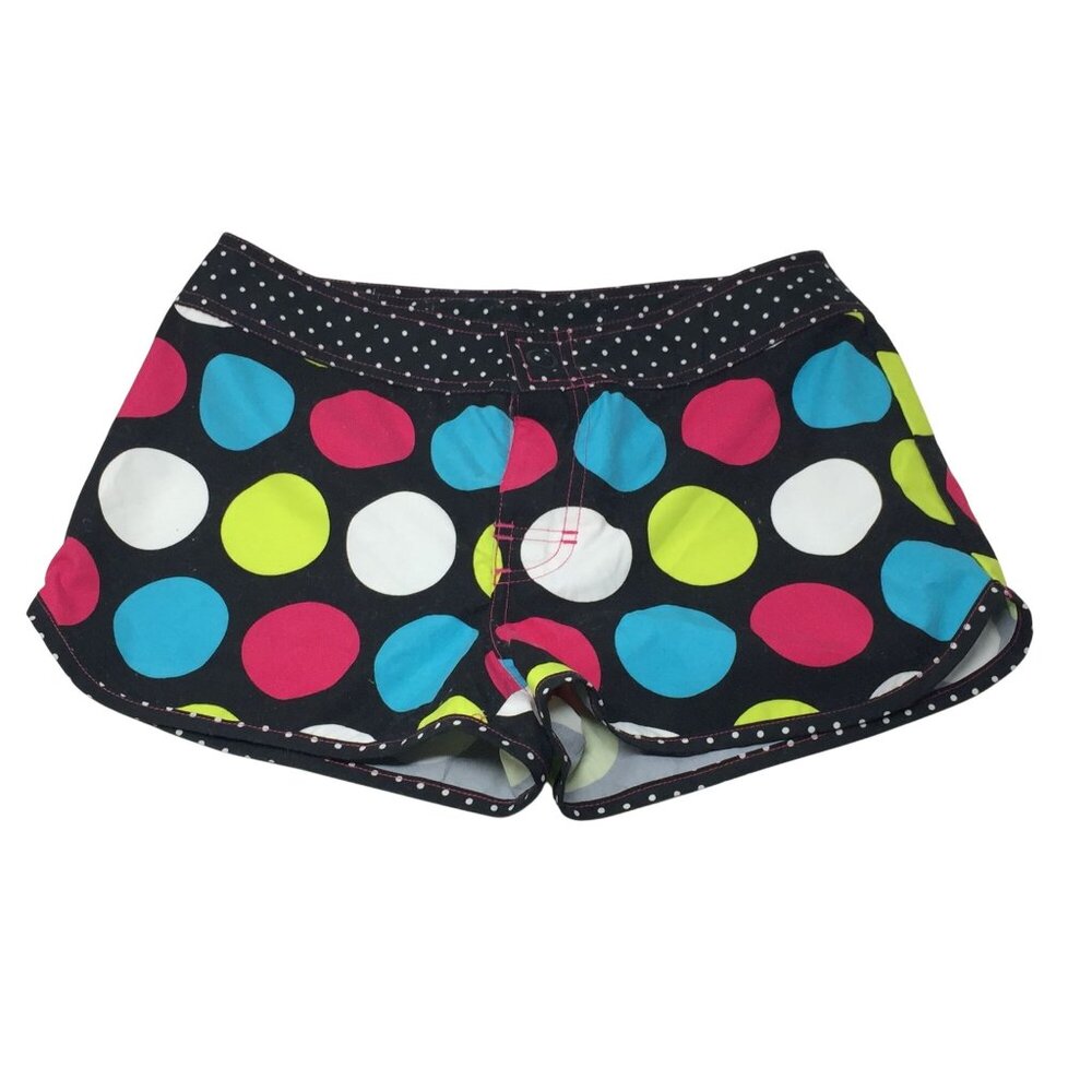Girl's Black Swim Shorts with White and Colorful Polka Dots on them